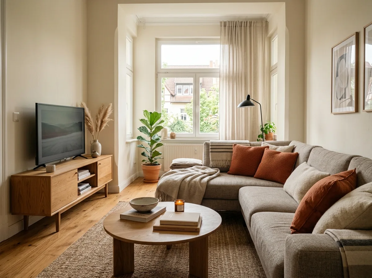 Living amenajat modern cu mobilier de lemn și textile calde